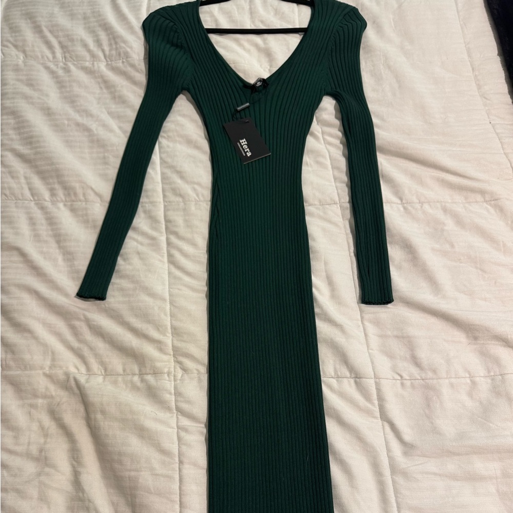 Dark Green Long Sleeve Ribbed Dress